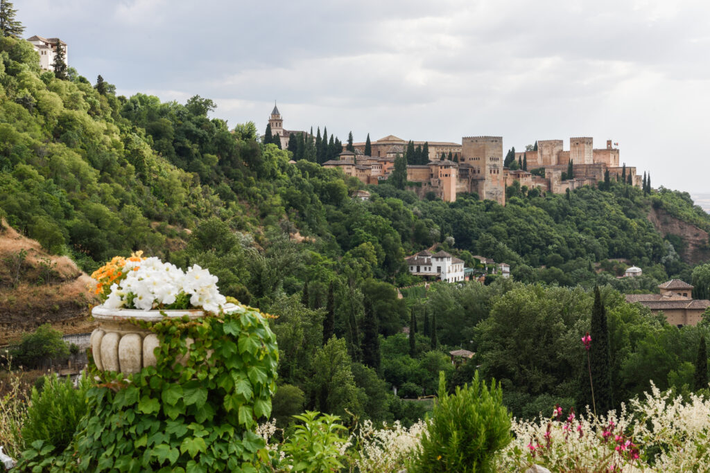 View of the famous Alhambra palace in Granada from Sacromonte quarter, Spain.